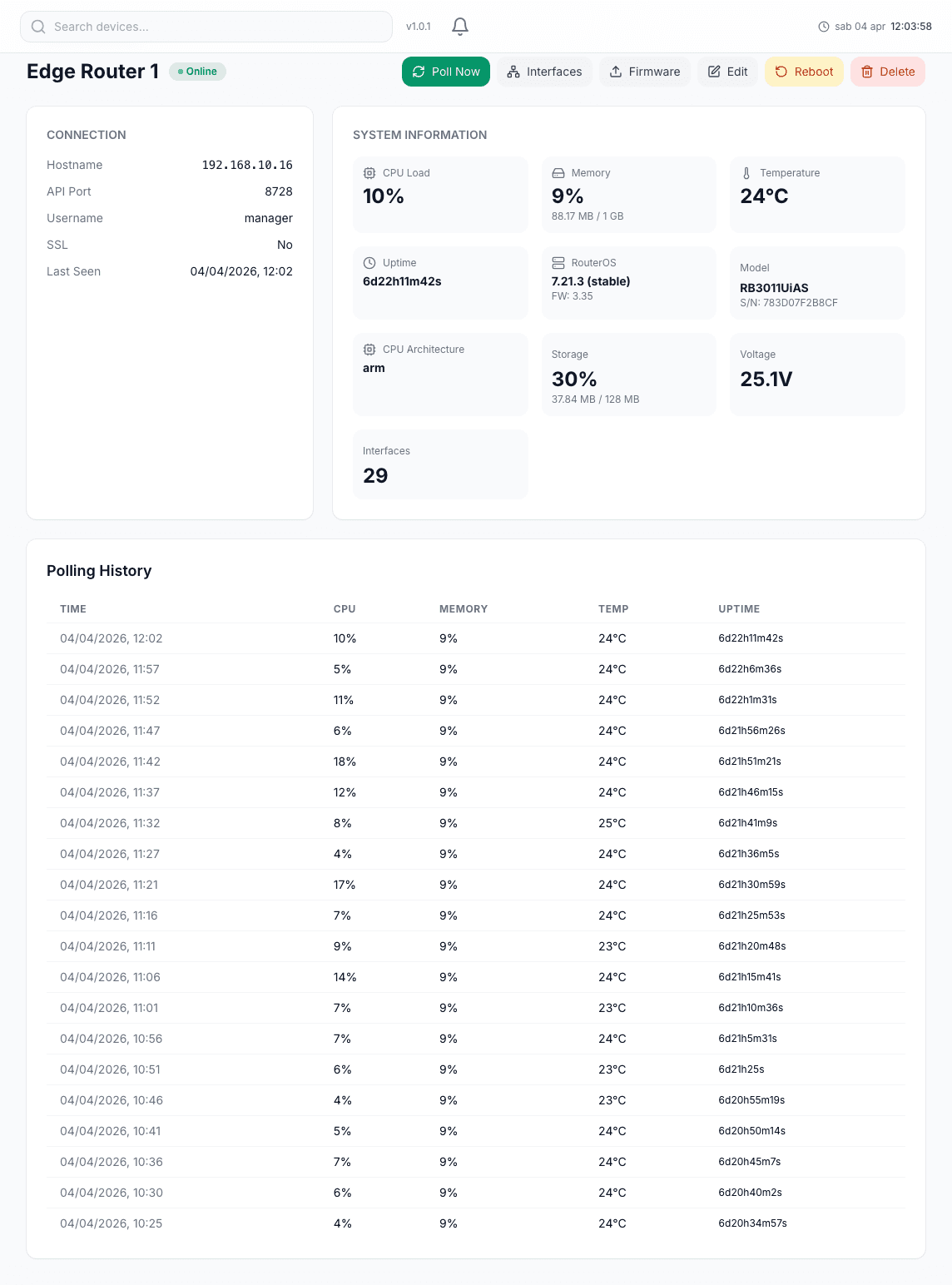 VIBELink device detail view with polling history