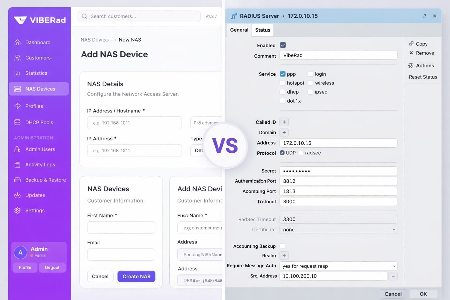 VIBERad NAS interface compared with MikroTik configuration