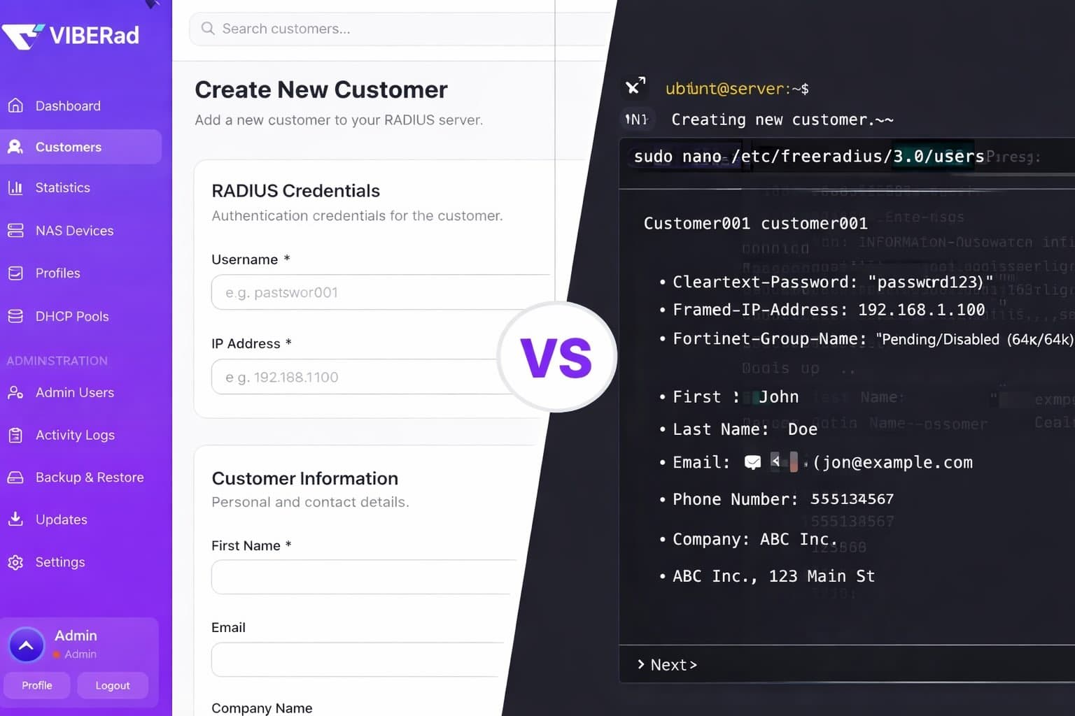Comparison between CLI management and VIBERad interface